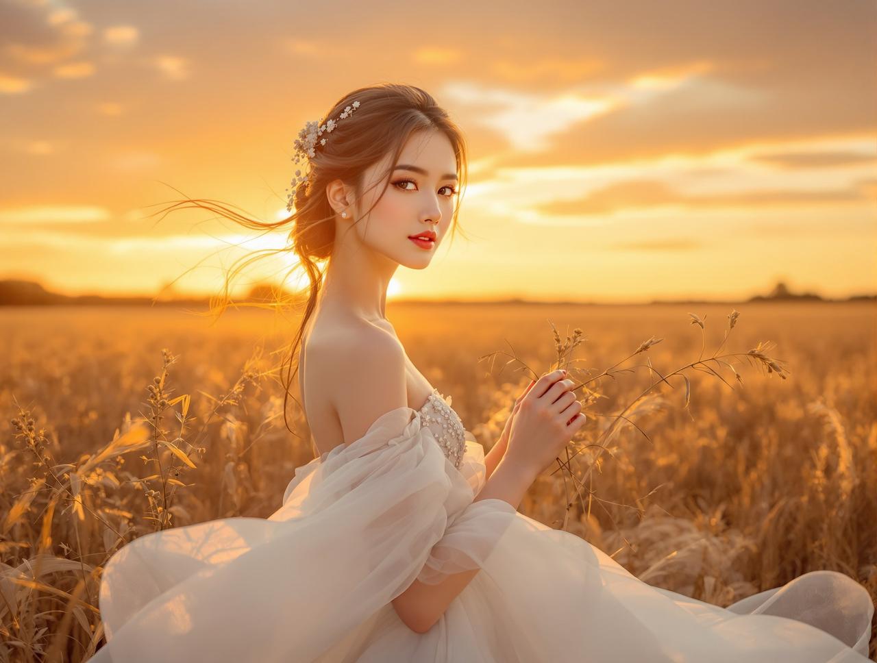 每日福利首页精选 - 优雅年轻女性身着飘逸白裙站在金色夕阳田野中,唯美艺术写真 - 每日福利