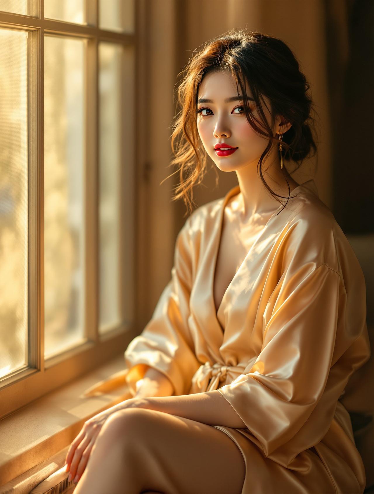 私房写真 - 身着丝质睡袍在豪华沙发上放松的女性 - 每日福利