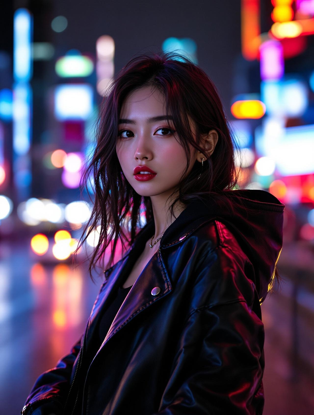 Ugirls夜景 - 在霓虹灯照射下的城市街道上的时尚女性 - 每日福利