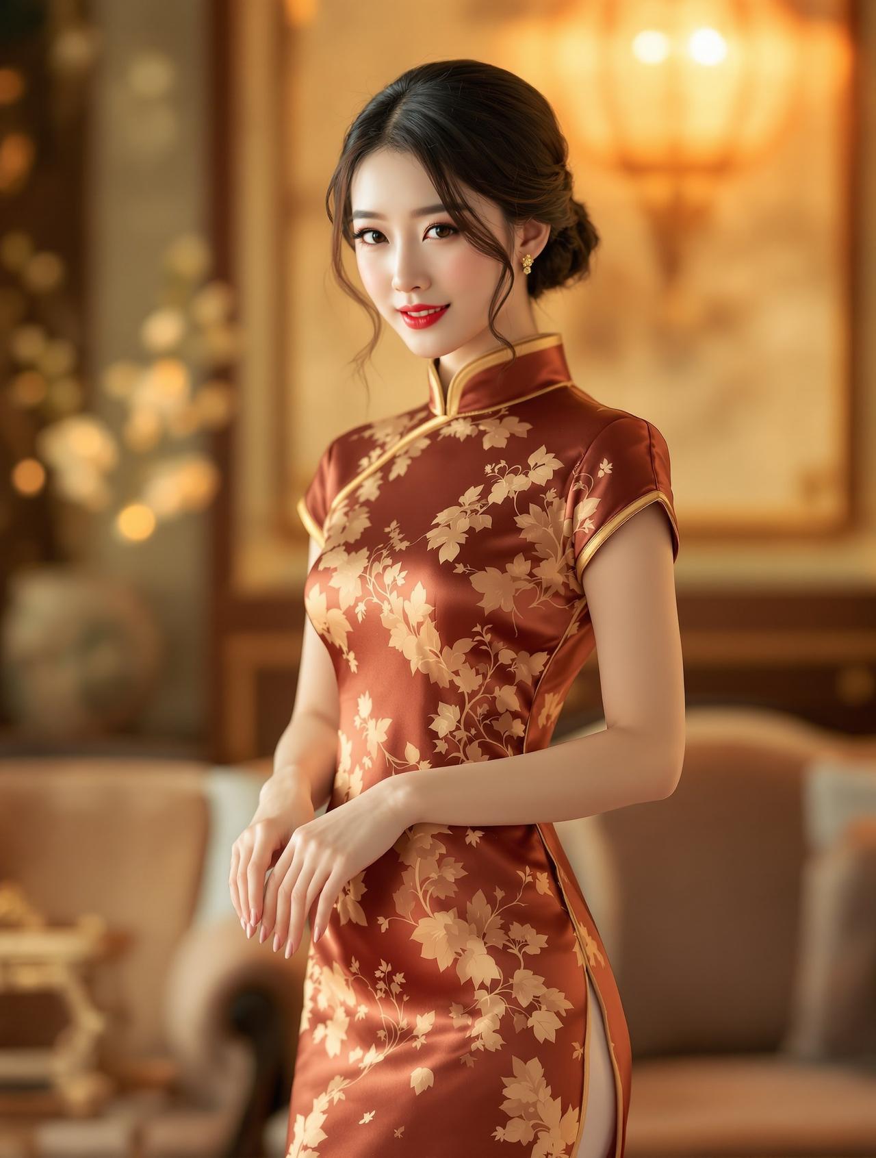 旗袍风韵 - 身着传统红色旗袍的中国女性在古典园林中 - 每日福利